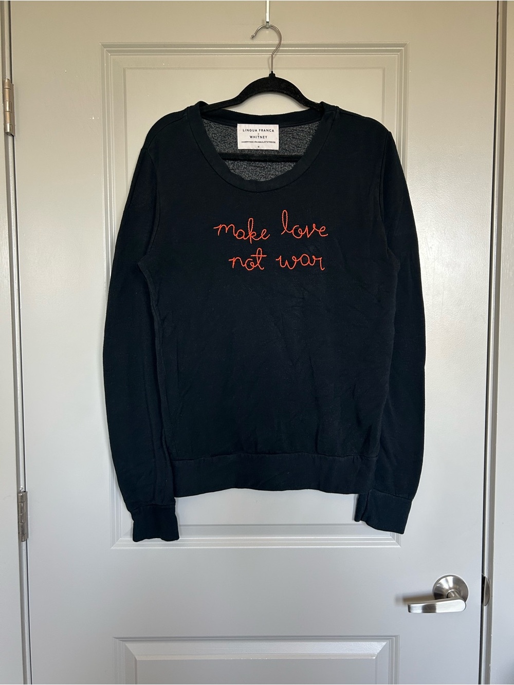 Lingua Franca x Whitney Black Crewneck Sweatshirt with Orange Embroidered Slogan